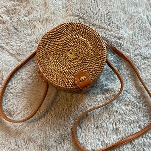 Round Woven Tan Crossbody Bag
